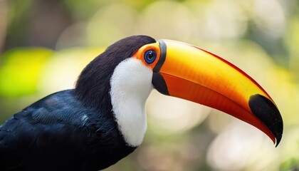 Fototapeta premium Vivid Toco Toucan Amidst a Kaleidoscope of Exotic Tropical Birds in a Lush Reserve, Capturing the Vibrant and Vital Energy of South Americas Avian Paradise.
