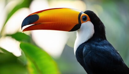 Fototapeta premium Vibrant Toco Toucan amidst Exotic Tropical Birds, Boldly Perched against Lush Greenery and Vivid Florals in a Stunning South American Reserve