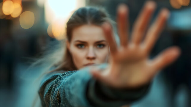 una mujer haciendo una se&ntilde;al de alto con la palma de su mano alto a la violencia y la falta de seguridad luchando por los derechos de las mujeres dia internacional de la mujer