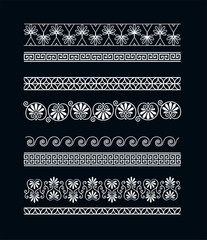 Greek ornament patterns with floral, geometric, and spiral designs on a black background. Concept of traditional decoration. Vector illustration