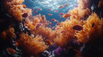 Obraz premium Vibrant coral reef teeming with orange fish, sunlight filtering through water.