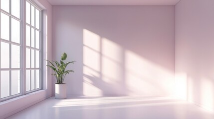 Obraz premium Bright Minimalist Room with Large Windows and Potted Plant