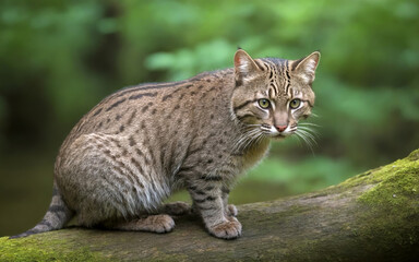 Elusive Fishing Cat Roaming Near a Tranquil Forest Stream
