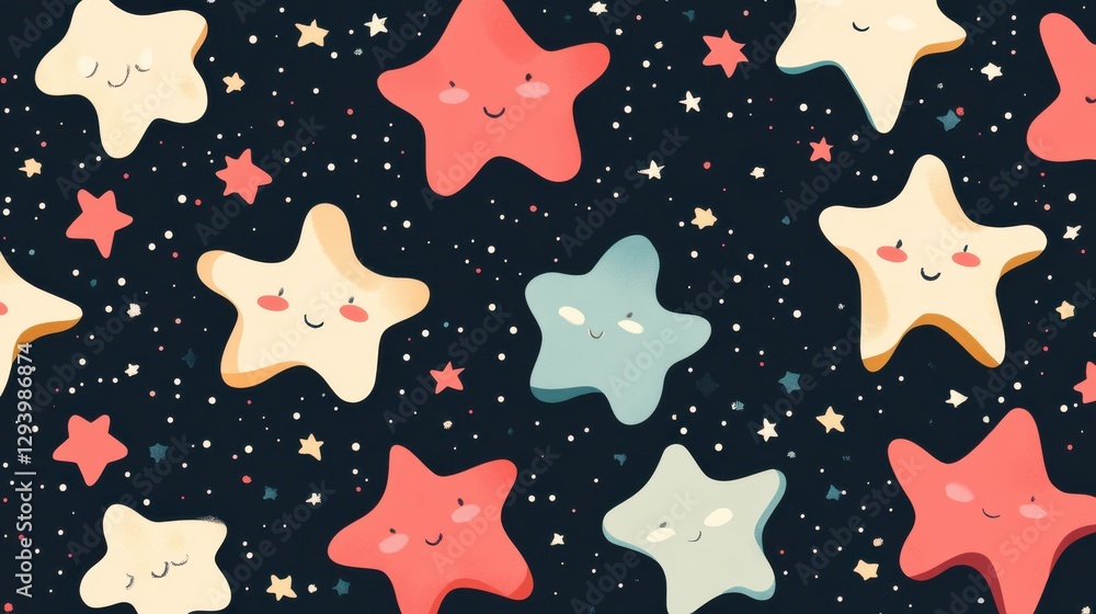 Poster cute star pattern with smiling faces and colorful background