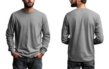 casual gray long sleeve shirt displayed from front and back, showcasing its simple design and comfortable fit
