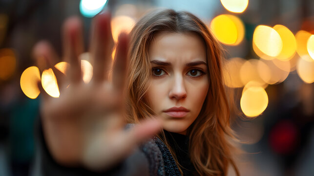 una mujer en la calle haciendo una se&ntilde;al de alto a la violencia o la falta de seguridad luchando y en protesta por los derechos de las mujeres 