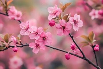 Fototapeta premium Vibrant cherry blossoms adorned with lush green leaves, showcasing the enchanting beauty of spring and the renewal found in nature's exquisite floral display
