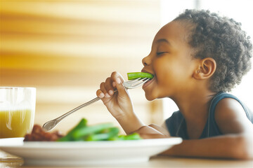 A child eating a healthy meal with a smile. The image captures the joy of eating nutritious food and conveys a sense of health, vitality, and contentment.