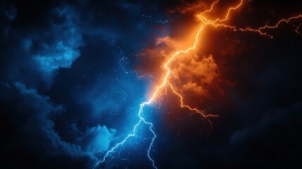 A vibrant lightning bolt arcs across a deep indigo-black sky, its fiery orange-yellow glow creating a dynamic contrast with the dark backdrop