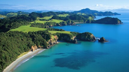 Obraz premium A sweeping aerial shot of New Zealand's coastline, featuring rugged cliffs, clear water, and lush green hills.