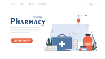 Naklejka premium Medical supplies like first aid kit, pills, and IV bag in flat graphic style on white background. Concept of online pharmacy. Vector illustration