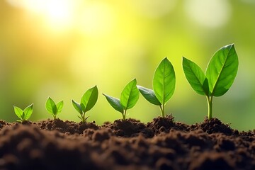 Fototapeta premium row of seedlings growing sequentially from small to larger in fertile soil.
