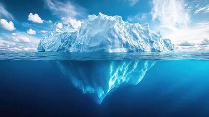 Obraz premium A majestic iceberg floats serenely in the vast, azure expanse of the ocean. Its crystalline form hovers above shimmering, sapphire waters