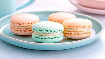 Pastel colored macarons with creamy filling arranged on a light blue plate. Soft, delicate lighting enhances the sweet treat's appearance