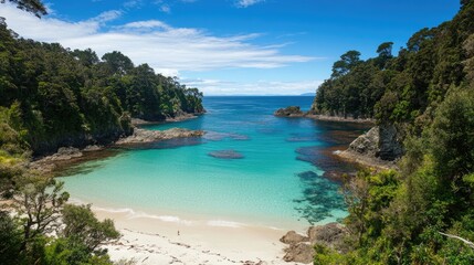 A top-down perspective of a secluded bay on New Zealand's coastline, where calm blue waters meet rocky shores.
