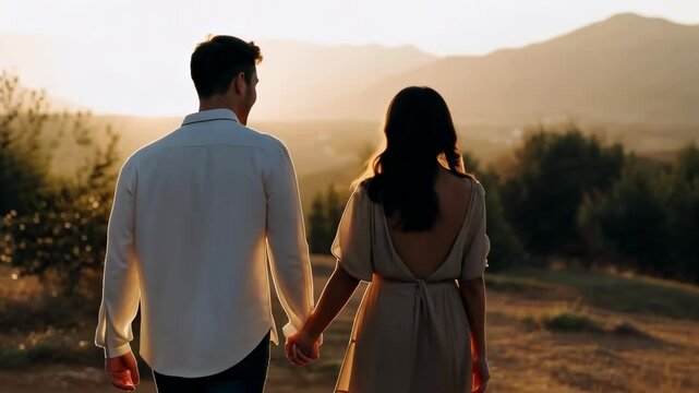 A romantic video scene with a rear camera angle, capturing a couple holding hands at sunset, framed by mountains and a serene landscape.