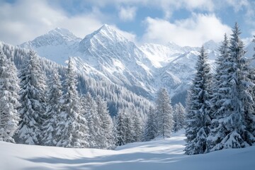 Fototapeta premium Winter mountain landscape showcasing snowy summits and evergreen trees in achenkirch, austria, ideal for adventure lovers and nature photographers seeking breathtaking visuals
