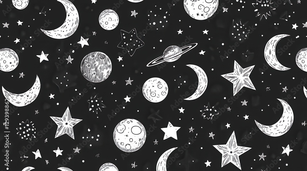 Poster hand-drawn celestial pattern with stars and moons on black background