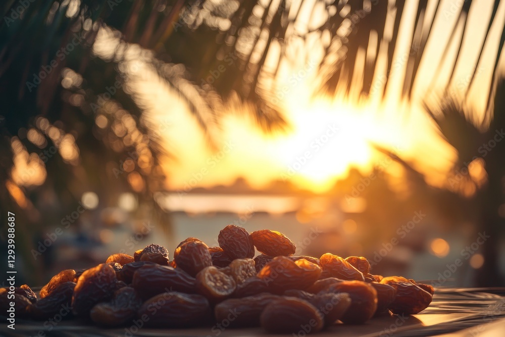 Aufkleber pile of dates on the table, with date palm trees in the background and a sunset behind them