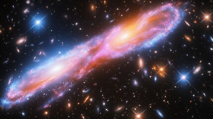 Naklejka premium A vibrant spiral galaxy glows in radiant oranges and pinks, encased in a star-speckled void of black and white, its arms curving gracefully through the cosmic expanse