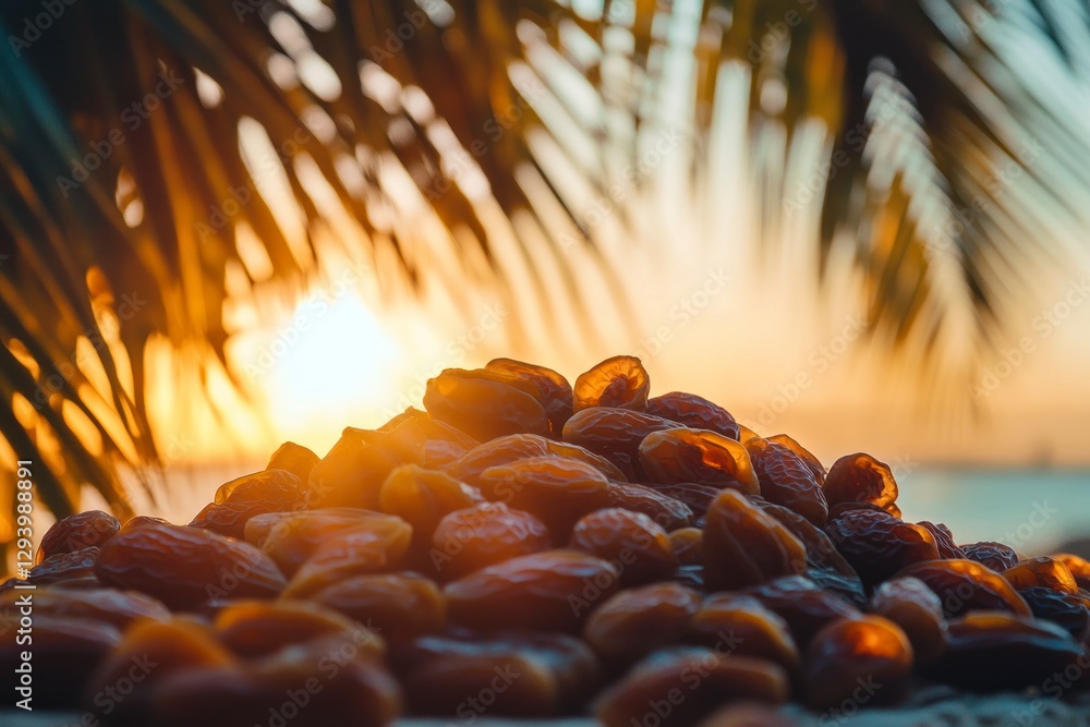 Aufkleber pile of dates on the table, with date palm trees in the background and a sunset behind them
