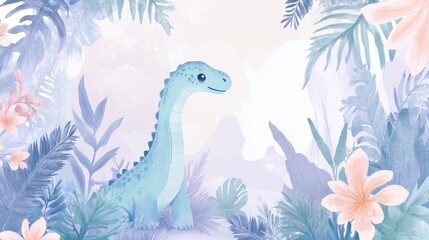Cute Cartoon Dinosaur Surrounded by Colorful Tropical Foliage