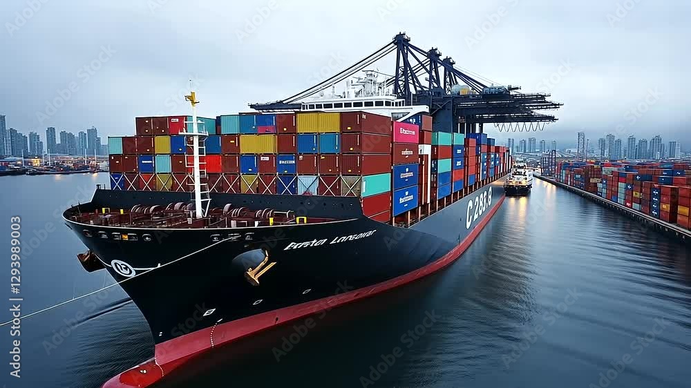 Aufkleber a container ship loaded with multicolored cargo, docked at a modern port with cranes operating overh