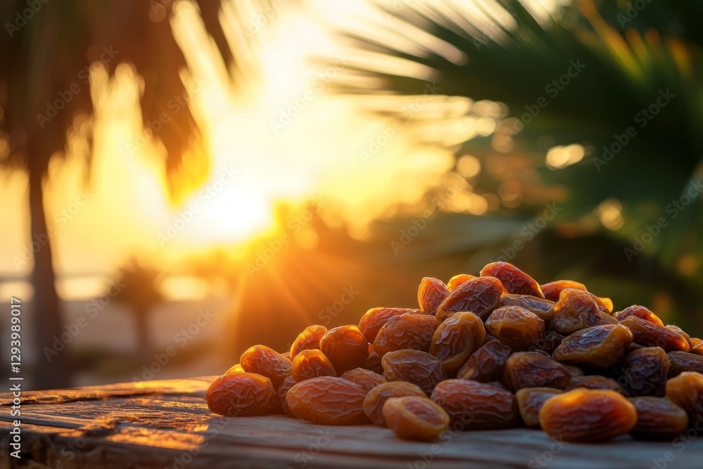 Aufkleber pile of dates on the table, with date palm trees in the background and a sunset behind them