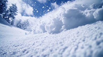Whitewashed mountain slope caressed by swirling winds under a vivid azure sky. Snowflakes dance against fluffy blankets of pristine white