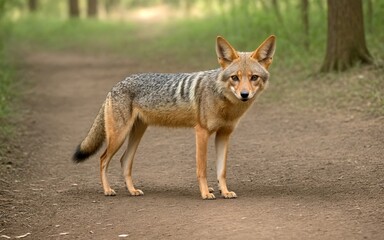 A graceful jackal wandering through the serene forest landscape.