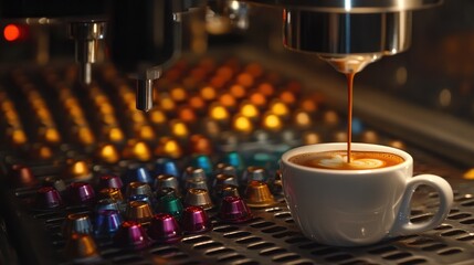 Capsule coffee machine dispensing a fresh cup of coffee into a white ceramic mug.