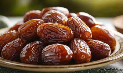 plate of dates, close-up on the table. The background is blurred to highlight the fruit and its natural beauty