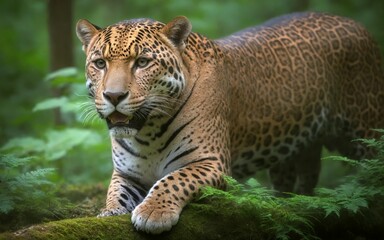Obraz premium A powerful jaguar stealthily moving through the dense forest