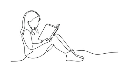Singleline drawing of a girl seated, engrossed in reading a book. Simple, elegant style depicts concentration and enjoyment of literature. A peaceful learning moment.