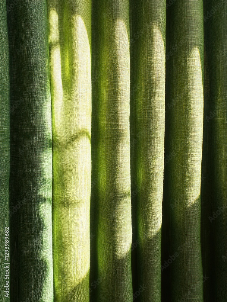 Poster sunlight streaming through green linen curtains creating soft shadows and a calming atmosphere in a 