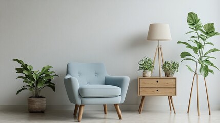 Elegant light blue armchair with soft, light gray upholstery curves gently, inviting relaxation as it turns leftward in a cozy setting