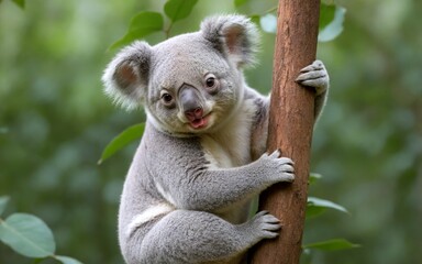 Fototapeta premium A cute koala perched peacefully in the lush forest trees.