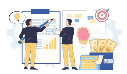 Two people planning business strategy on a checklist, flat style on white background. Concept of finance, productivity, and success. Vector illustration
