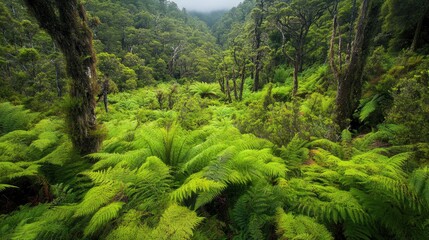 Fototapeta premium A top-down view of a vibrant green New Zealand forest with native ferns and wildlife nestled within.