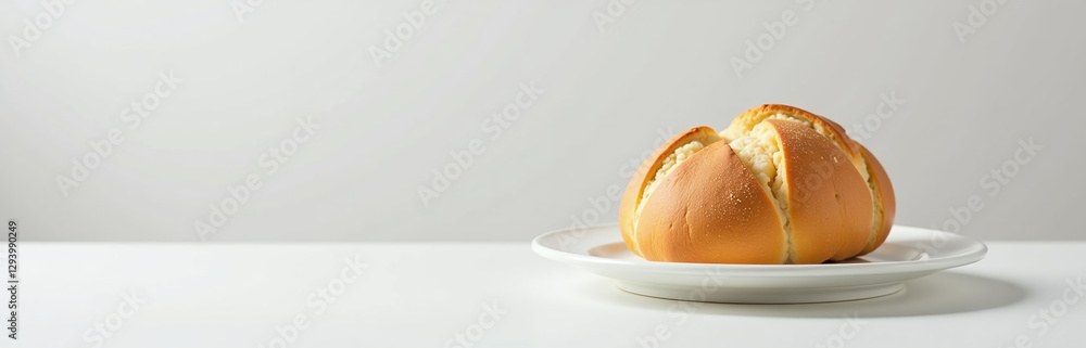 Poster freshly baked bread sits elegantly on a crisp white plate against a plain yet visually appealing neu