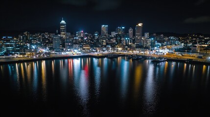 Fototapeta premium A top-down view of the Auckland skyline at night, illuminated by city lights and reflected in the calm water.