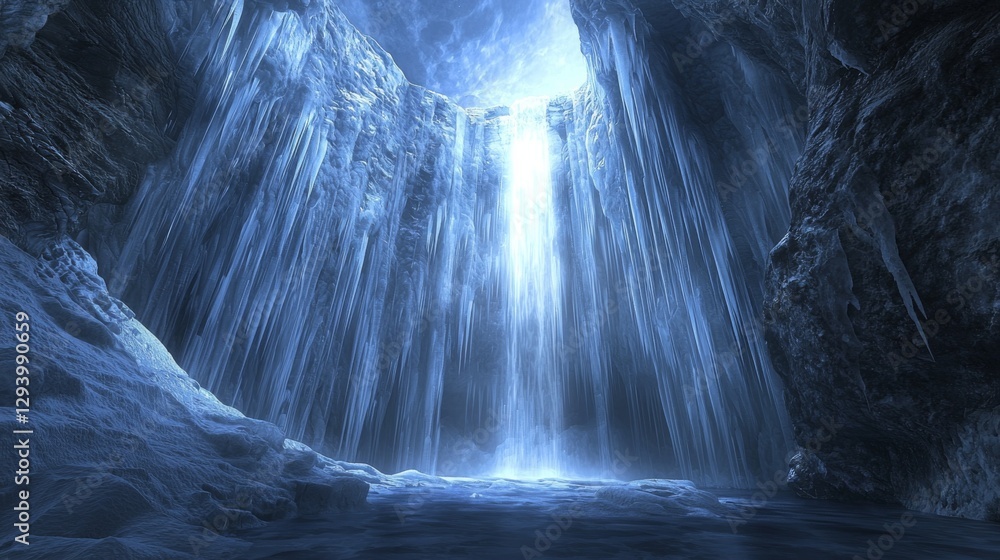 Poster serene ice cave with majestic waterfall flowing into tranquil pool illuminated by soft light from ab