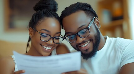 A smiling couple examining documents while looking at a paper