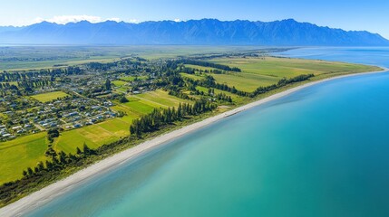 Obraz premium A tranquil aerial shot of New Zealand's coastline, with the bright blue of the ocean meeting lush coastal vegetation.