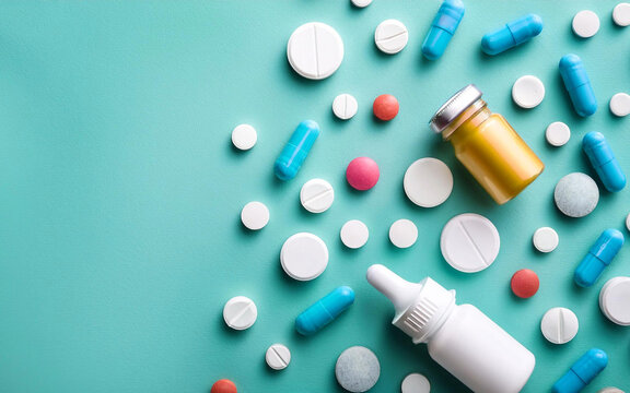 concepto de industria farmaceutica, farmacos, medicinas, comprimidos, drogas, remedios y pildoras,  sobre fondo pastel