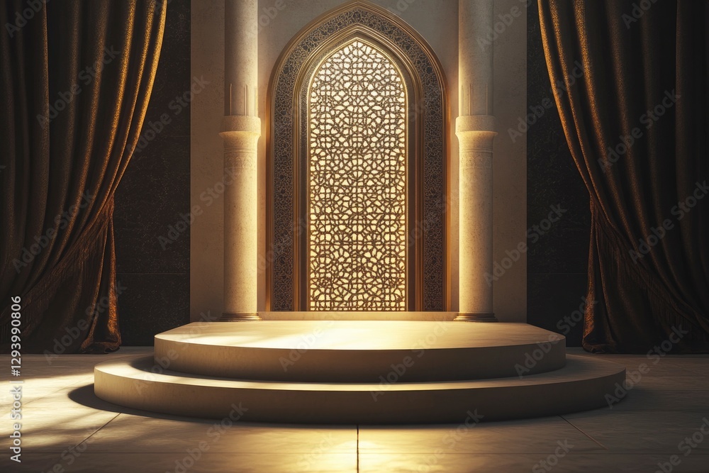 Poster simple podium with an islamic-style door in the background, illuminated by light and surrounded by c