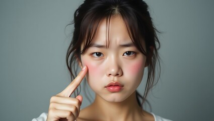 Worried Asian Woman Pointing at Dark Circles Under Eyes Due to Lack of Sleep | Generative AI