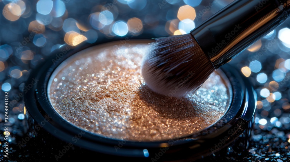 Poster a makeup brush is gently touching a compact of shimmering powder, creating a glistening effect. soft