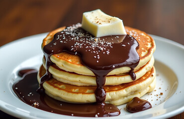 Fluffy Pancakes Smothered In Rich Dark Chocolate Add A Decadent Twist To This Classic Breakfast Dish Recipe.