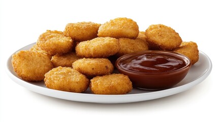 A vibrant plate of crispy chicken nuggets with barbecue sauce for dipping.